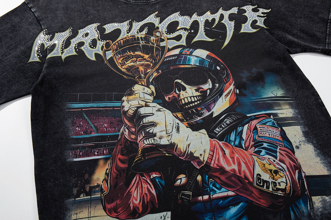 Black Washed Vintage Mask‑Figure Double‑Sided Graphic Band‑Style T‑Shirt