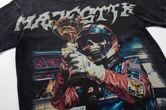 Black Washed Vintage Mask‑Figure Double‑Sided Graphic Band‑Style T‑Shirt