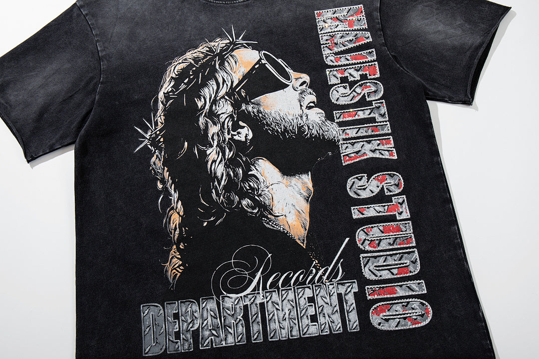 Black Washed Vintage Eagle Raptor Double‑Sided Graphic Band‑Style T‑Shirt