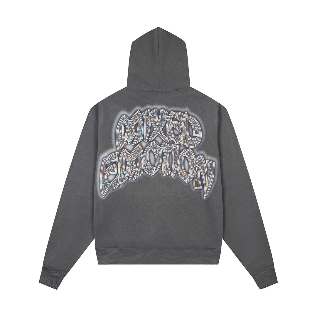Vintage Rock Character Graphic Zip‑Up Hoodie Charcoal Grey Oversized Streetwear Sweatshirt