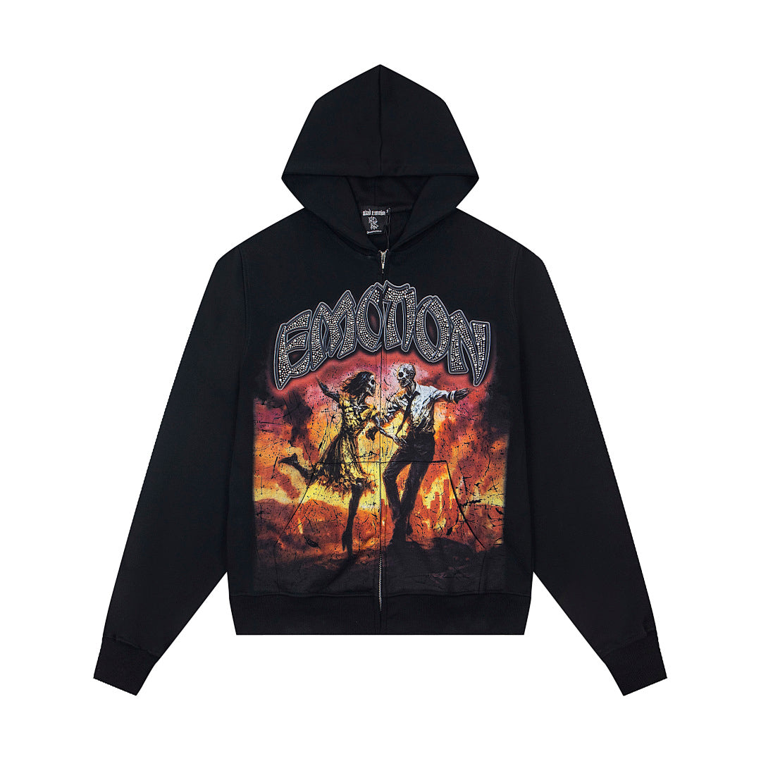 Black Vintage Rock Graphic Zip‑Up Oversized Hoodie Gothic Streetwear Sweatshirt