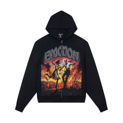 Black Vintage Rock Graphic Zip‑Up Oversized Hoodie Gothic Streetwear Sweatshirt