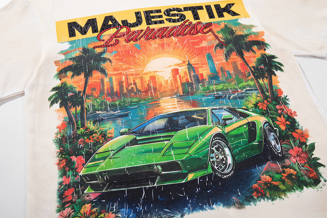 Off‑White Washed Vintage Sports Car Palm Double‑Sided Graphic T‑Shirt