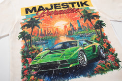 Off‑White Washed Vintage Sports Car Palm Double‑Sided Graphic T‑Shirt