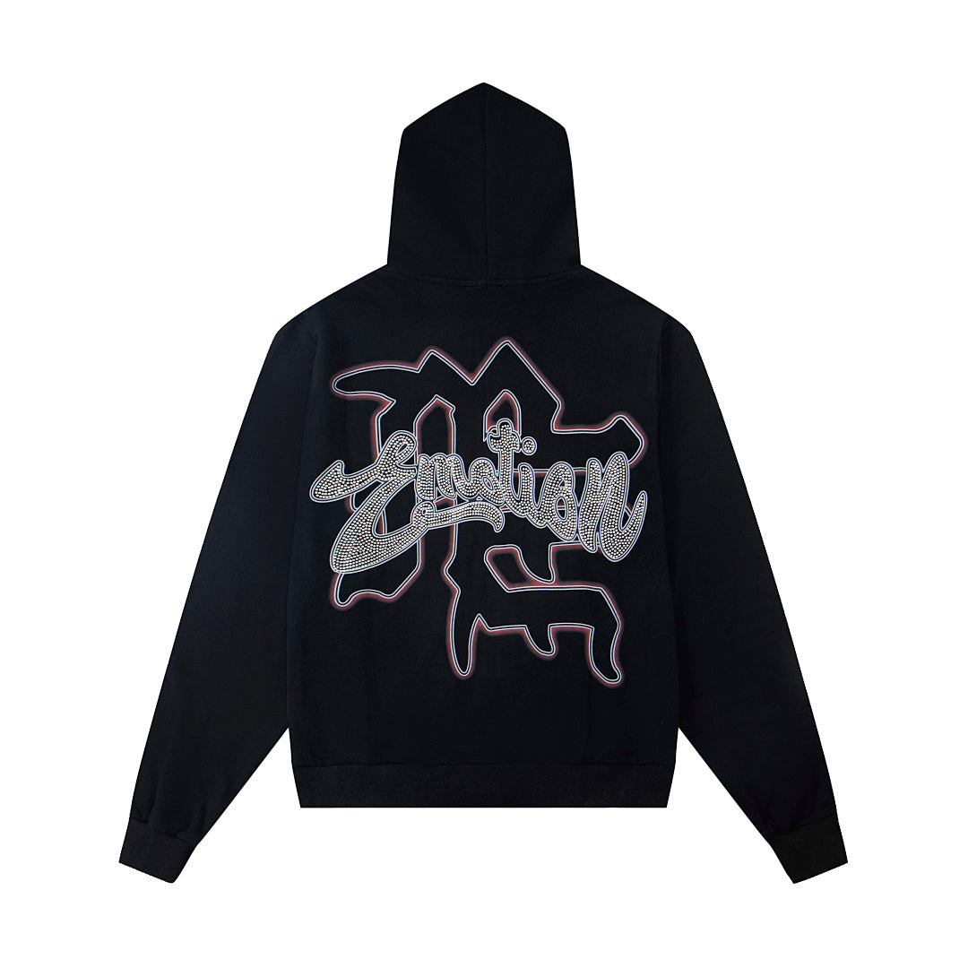 Black Vintage Rock Graphic Zip‑Up Oversized Hoodie Gothic Streetwear Sweatshirt