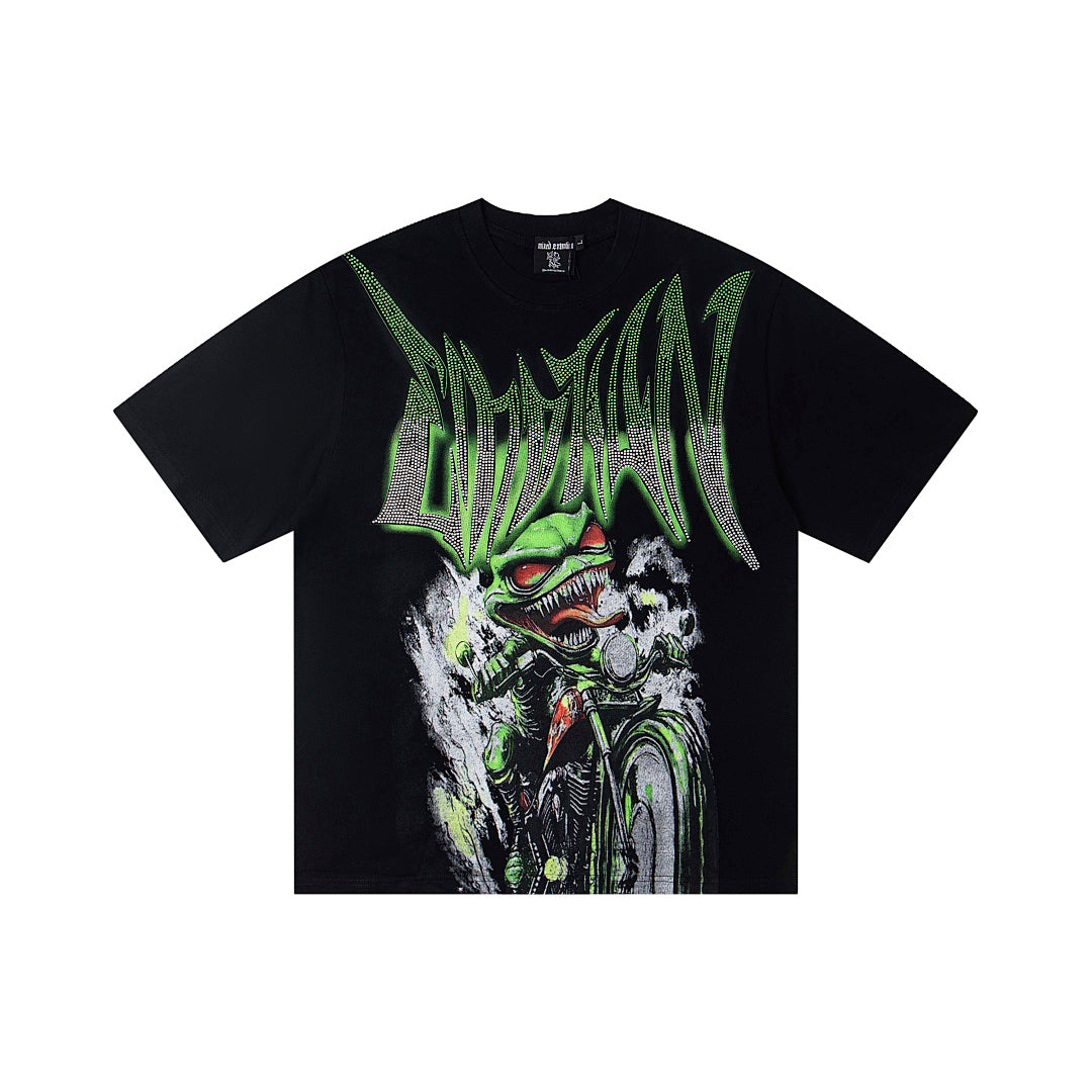 Black Vintage Green Sailboat Graphic Oversized Crew‑Neck Street T‑Shirt