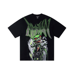 Black Vintage Green Sailboat Graphic Oversized Crew‑Neck Street T‑Shirt