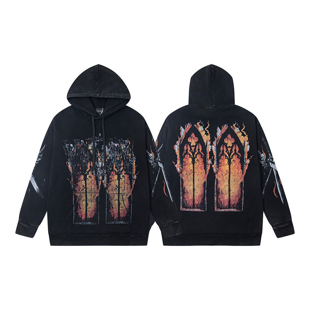 Vintage Black Church Stained‑Glass Print Full‑Zip Hoodie