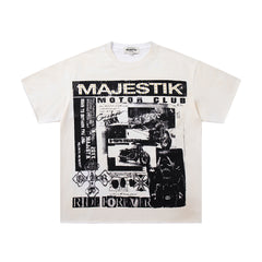 Off‑White Washed Vintage Black‑White Collage Band‑Style Graphic T‑Shirt