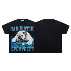 Black Washed Vintage Bulldog Graphic Band‑Style T‑Shirt