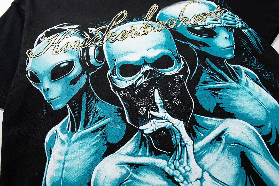 Vintage Black Alien Skull Angel Sword Double‑Sided Graphic T‑Shirt