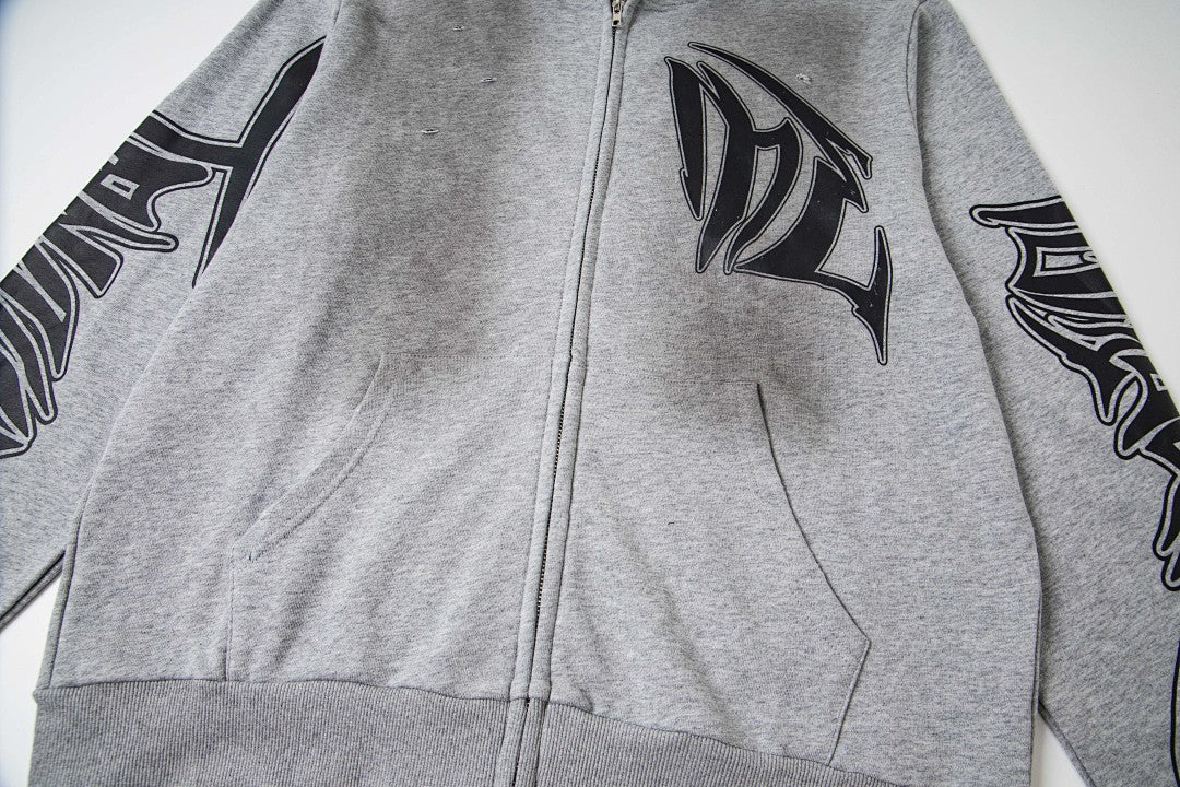 Heather Grey Vintage Gothic Letter Zip‑Up Oversized Hoodie Urban Streetwear Sweatshirt