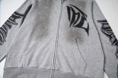 Heather Grey Vintage Gothic Letter Zip‑Up Oversized Hoodie Urban Streetwear Sweatshirt