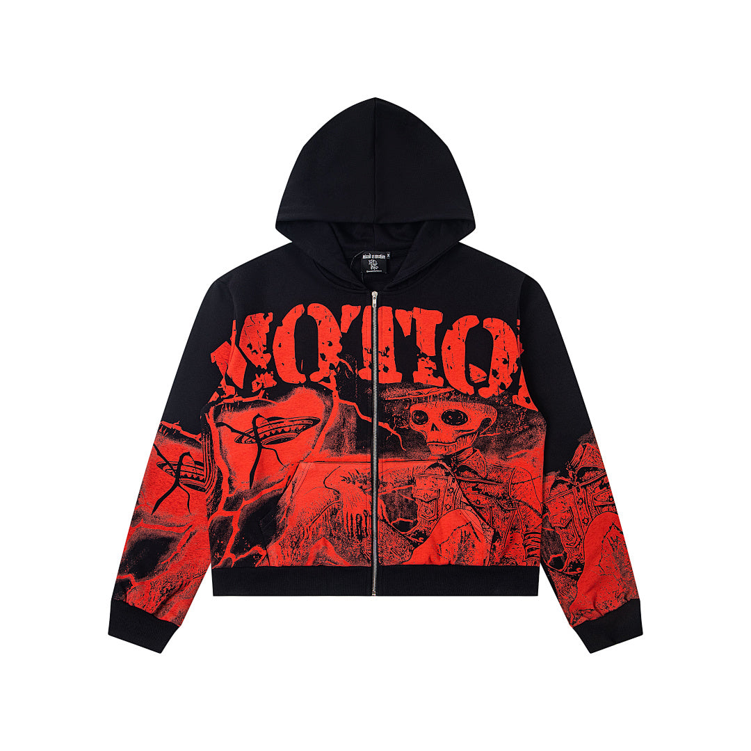 Black Vintage Red Gothic Graphic Zip‑Up Oversized Hoodie Gothic Streetwear Sweatshirt