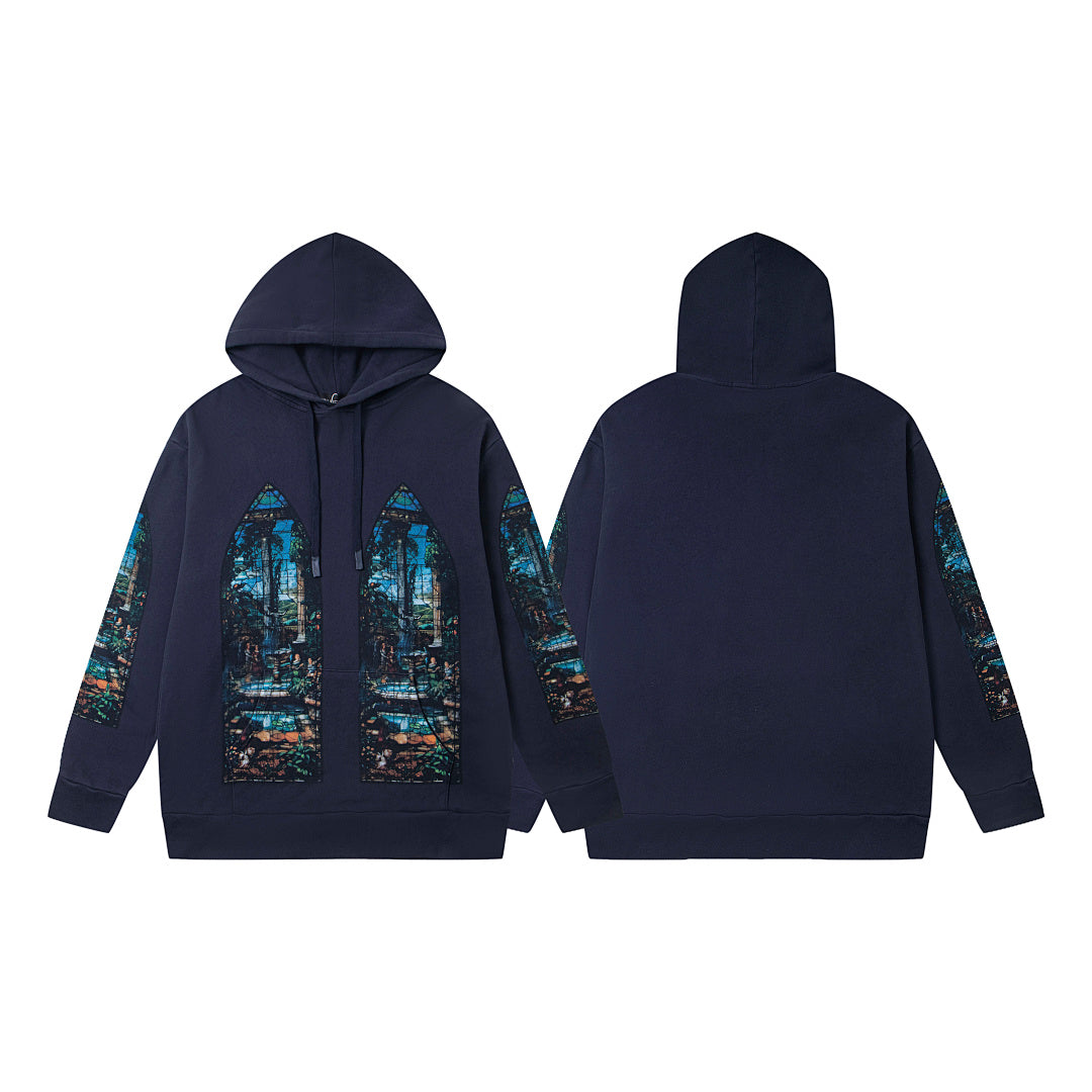 Vintage Navy Blue Church Stained‑Glass Full‑Zip Hoodie