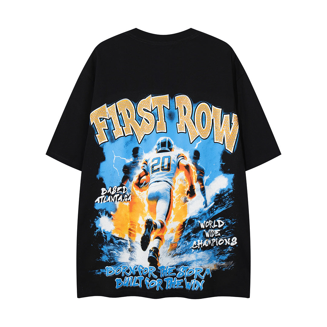 Vintage Black FIRST ROW Football Player Double‑Sided Graphic T‑Shirt