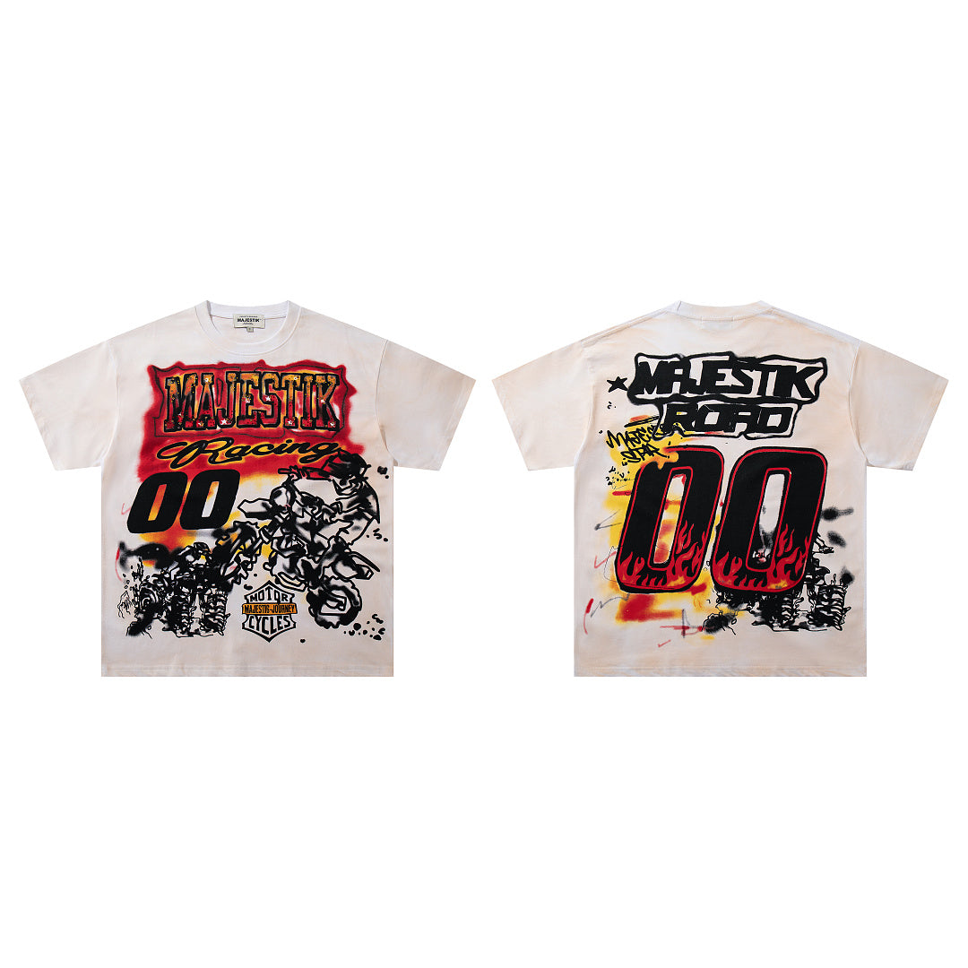 Vintage White Racing "00" Flame Graphic T‑Shirt