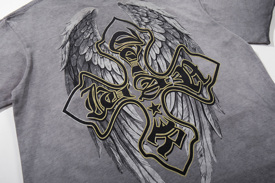 Grey Black Washed Vintage Portrait Totem Double‑Sided Graphic Band‑Style T‑Shirt