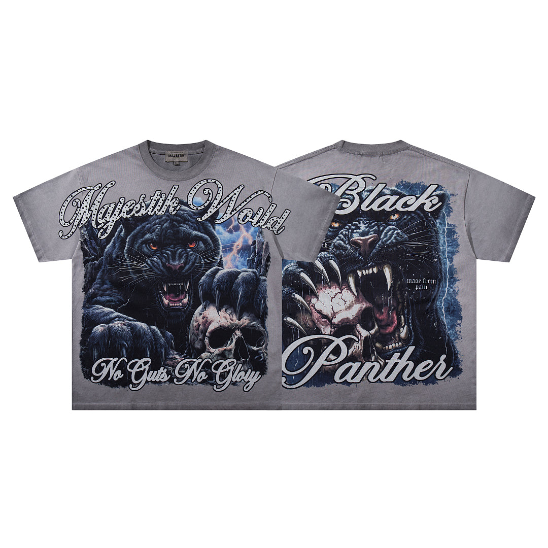 Washed Grey Black Panther Vintage Graphic T‑Shirt