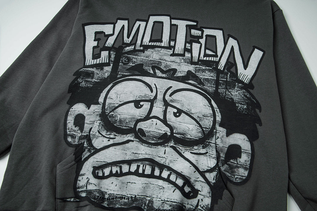 Vintage Cartoon Face Graphic Hoodie Charcoal Grey Oversized Streetwear Pullover Sweatshirt