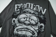 Vintage Cartoon Face Graphic Hoodie Charcoal Grey Oversized Streetwear Pullover Sweatshirt