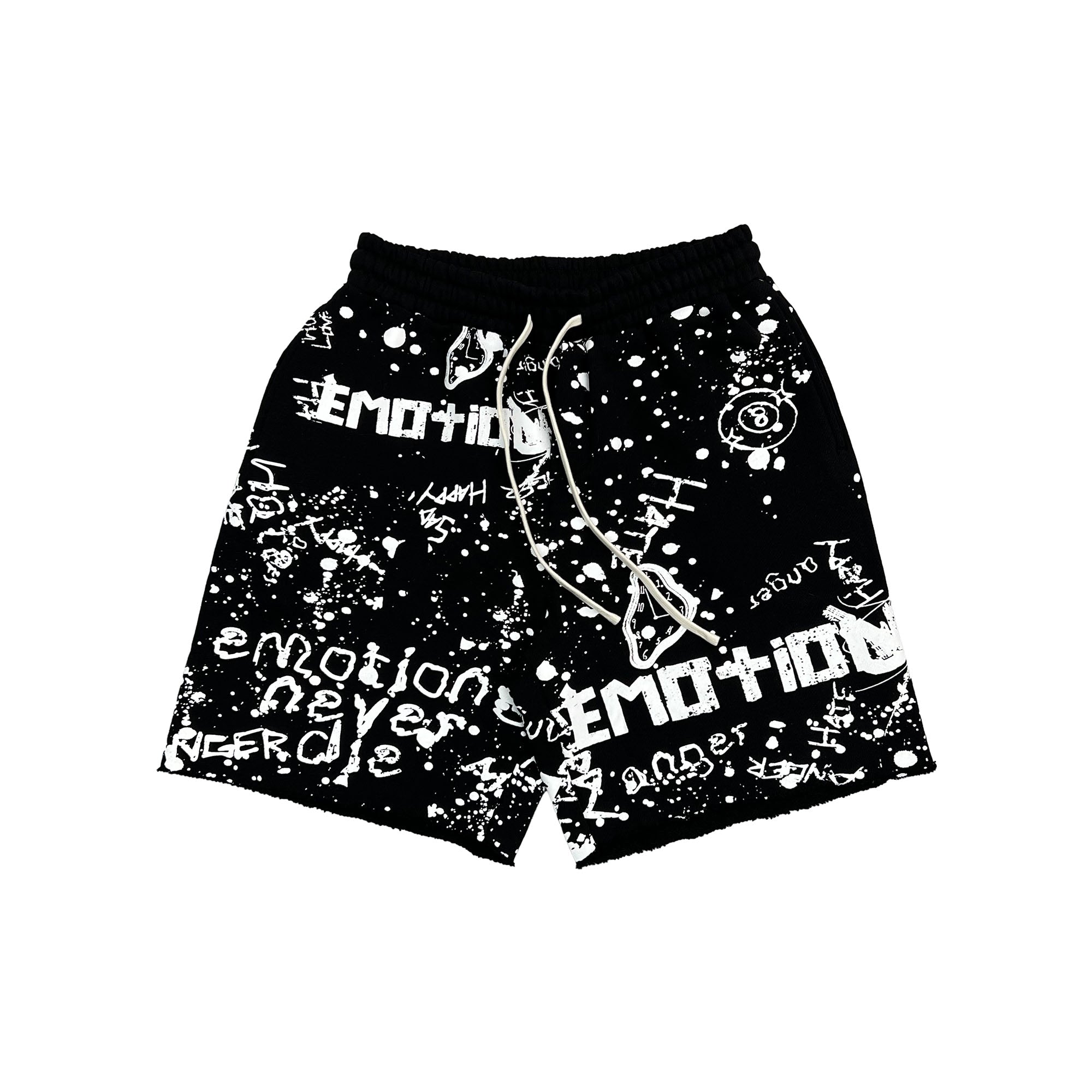 Vintage Scribble Emotion Print Casual Shorts Black Elastic Waist Street‑wear Shorts