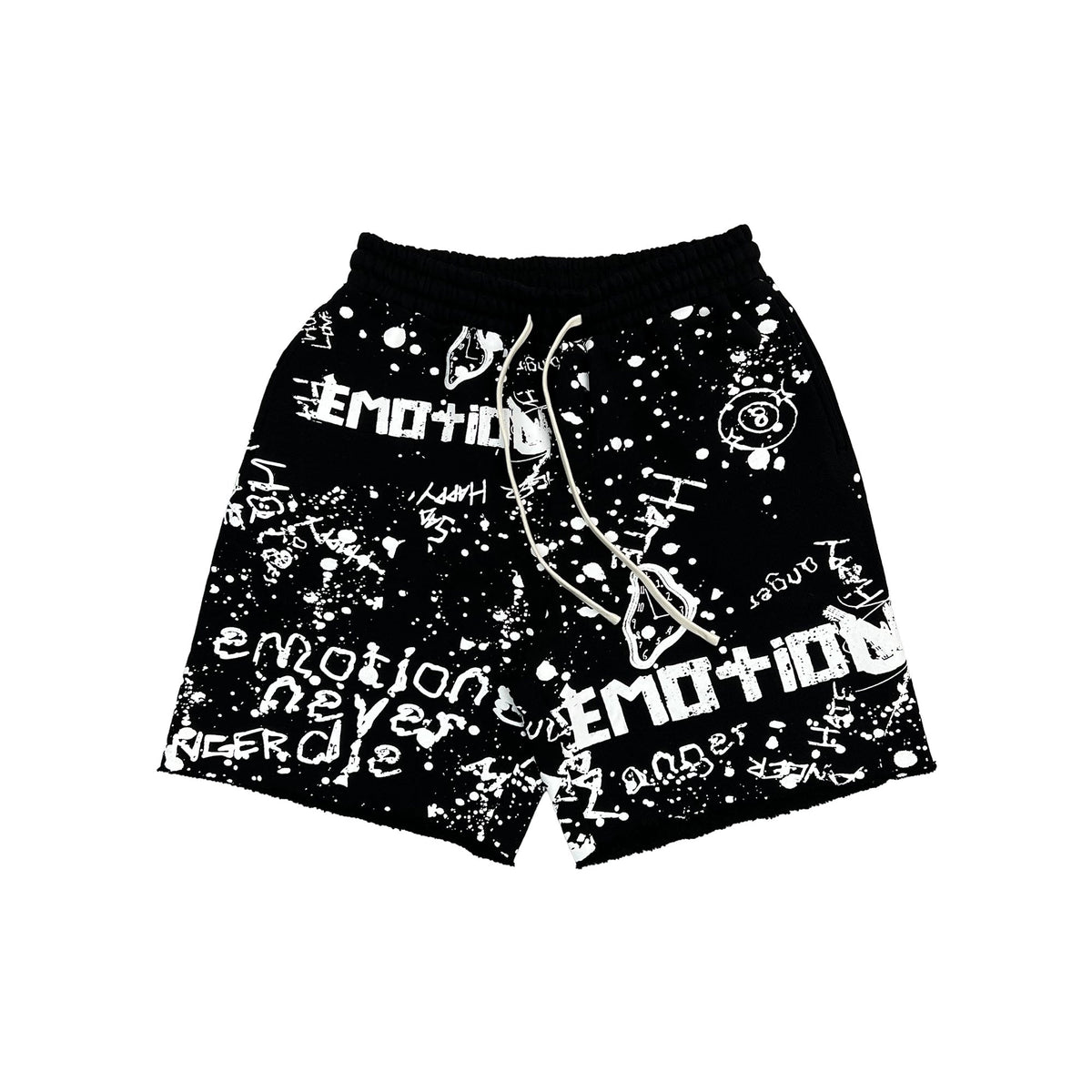 Vintage Scribble Emotion Print Casual Shorts Black Elastic Waist Street‑wear Shorts