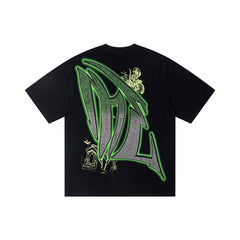 Black Vintage Green Sailboat Graphic Oversized Crew‑Neck Street T‑Shirt