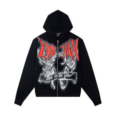 Retro Dark Print Zip‑Up Hooded Jacket Hip‑Hop Urban Street Outerwear