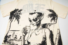 Cream Vintage Alien Beach Scene Graphic Oversized Crew‑Neck Street T‑Shirt