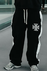Retro Cross Graphic Straight‑Leg Sweatpants Black Contrast White Stripe Loose Fit Casual Street Pants