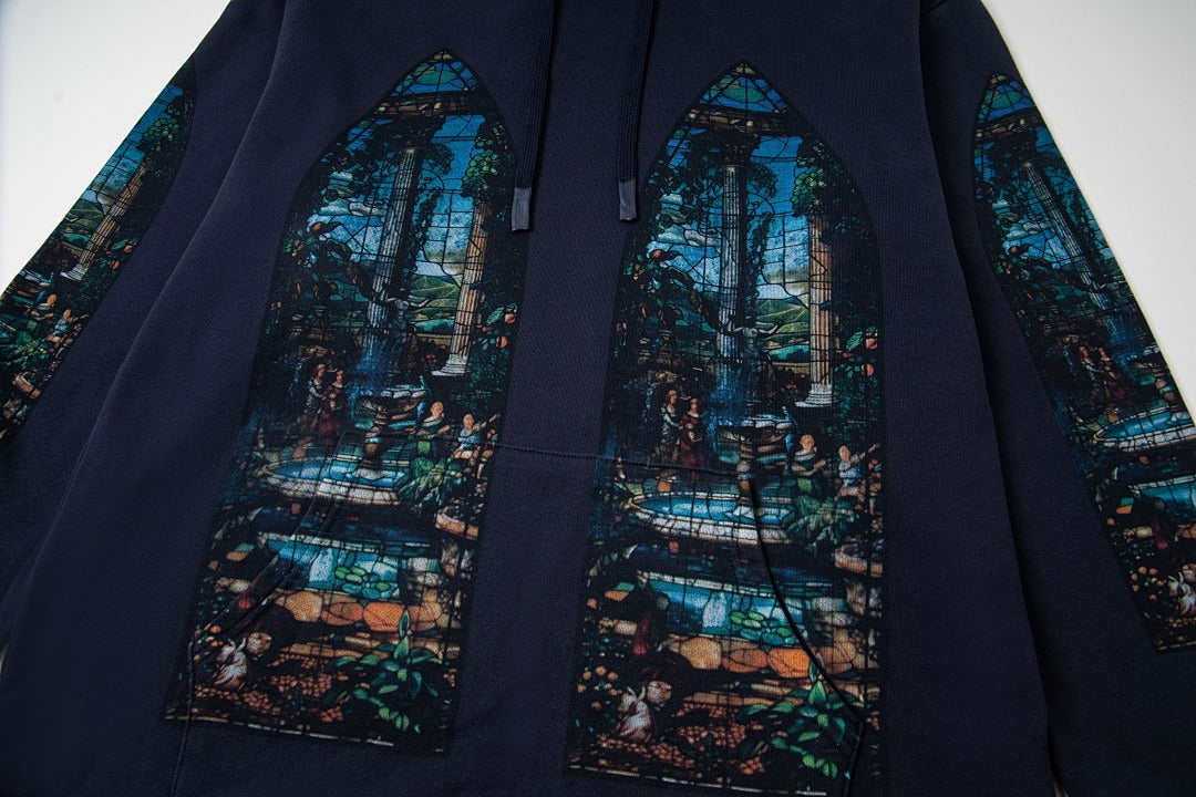 Vintage Navy Blue Church Stained‑Glass Full‑Zip Hoodie