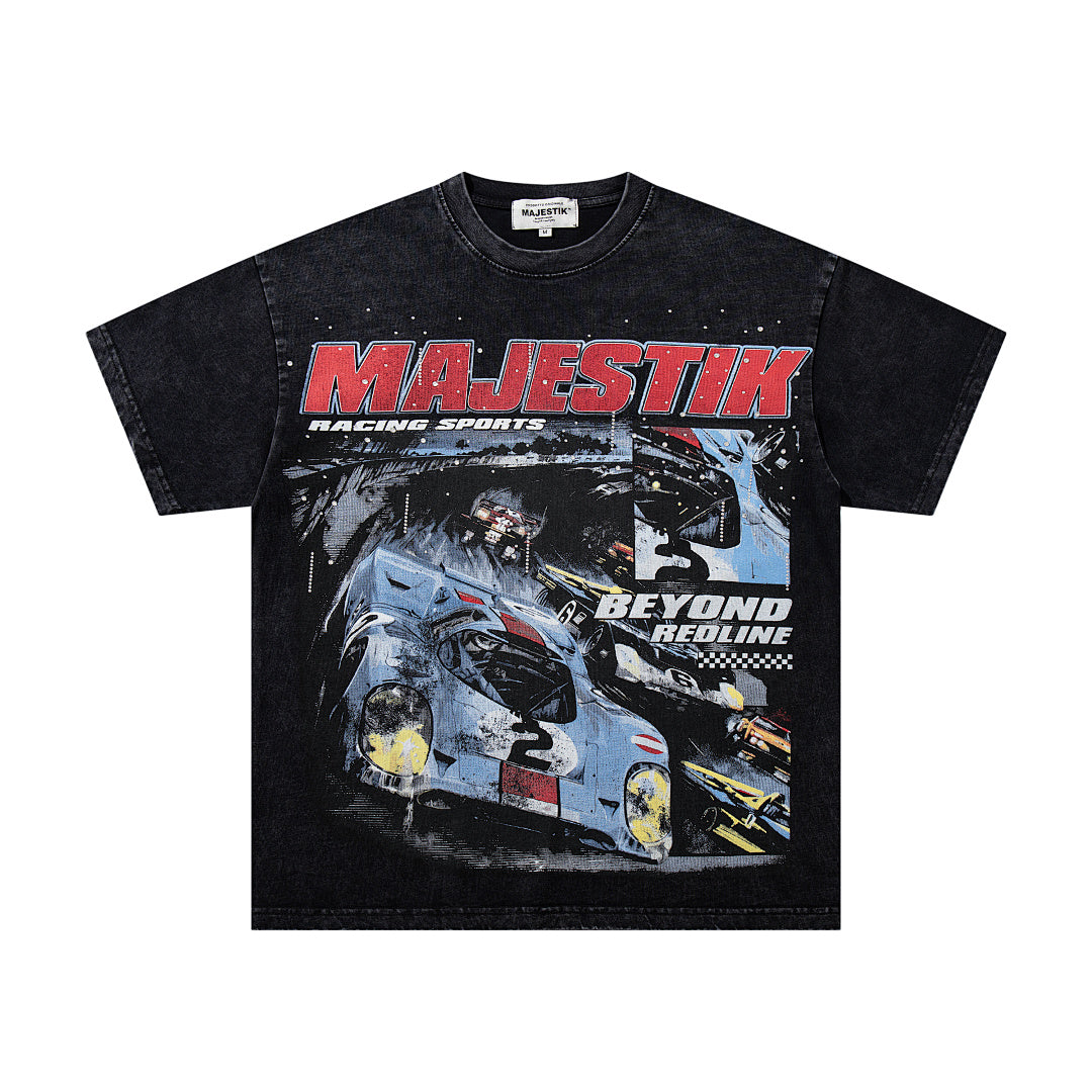 Black Washed Vintage Motorcycle Racer Double‑Sided Graphic Band‑Style T‑Shirt