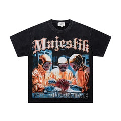 Black Washed Vintage Astronaut Space Double‑Sided Graphic Band‑Style T‑Shirt