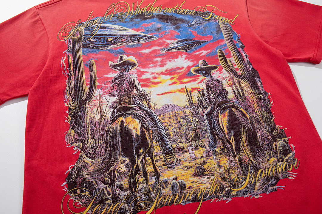 Red Washed Vintage Western Cowboy Double‑Sided Graphic Band‑Style T‑Shirt
