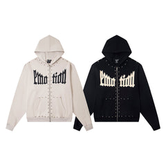 Retro Rivet Detail Full Zip Hooded Jacket Oversized Hip‑Hop Street Outerwear