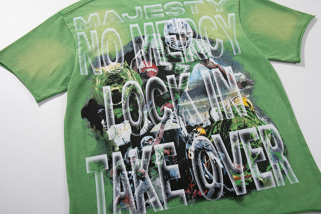 Green Washed Vintage Football Athlete Double‑Sided Graphic Band‑Style T‑Shirt