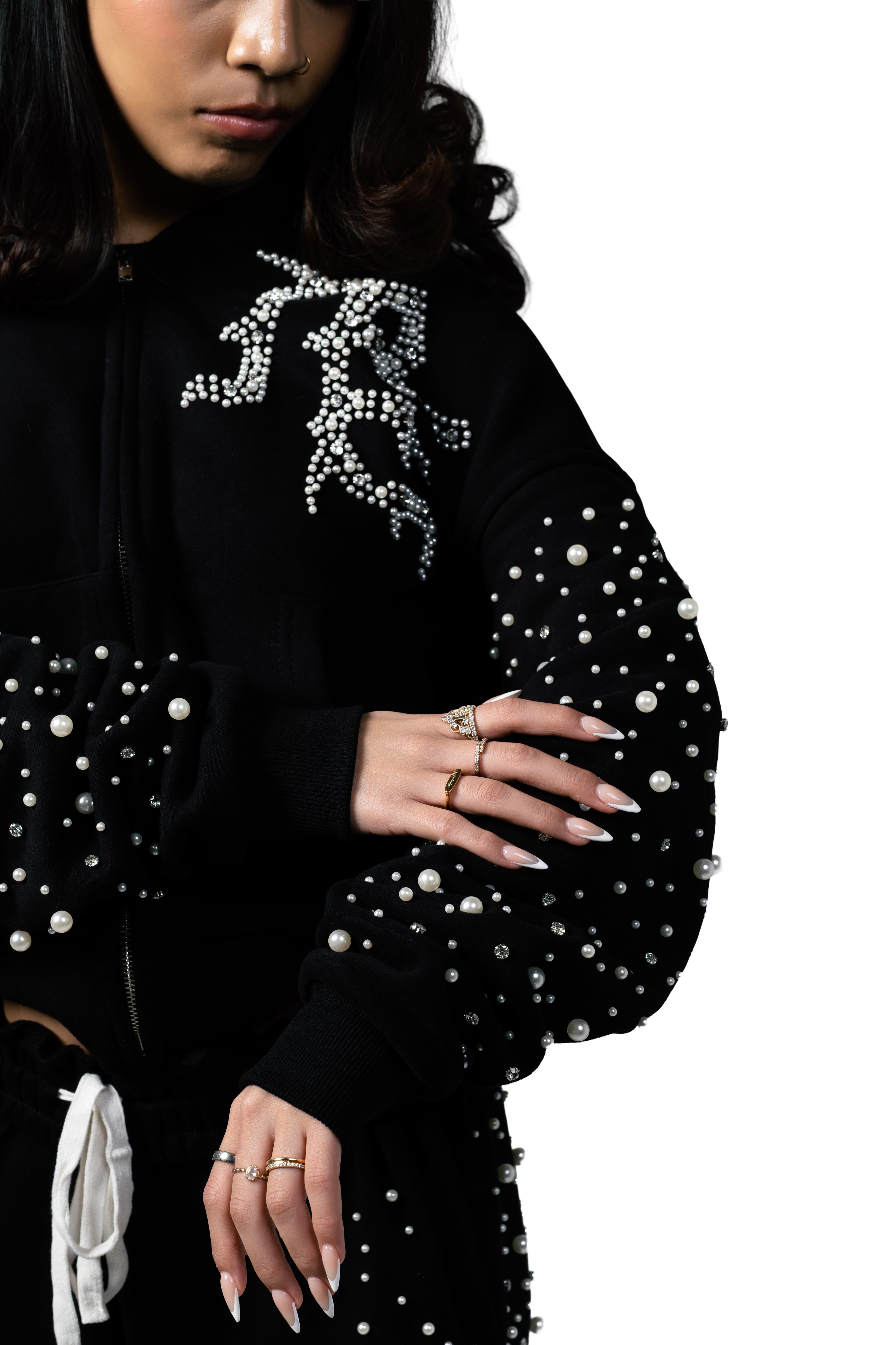 Rhinestone Letter Full‑Zip Hoodie Streetwear Zip‑Up Hooded Jacket