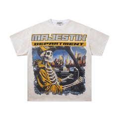 Off‑White Washed Vintage Skeleton City Tour Graphic Band‑Style T‑Shirt