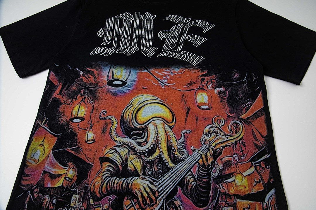 Black Vintage Gothic Metal Letter Graphic Oversized Crew‑Neck Street T‑Shirt