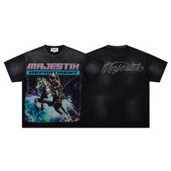 Black Washed Vintage Knight‑Horse Double‑Sided Graphic Band‑Style T‑Shirt