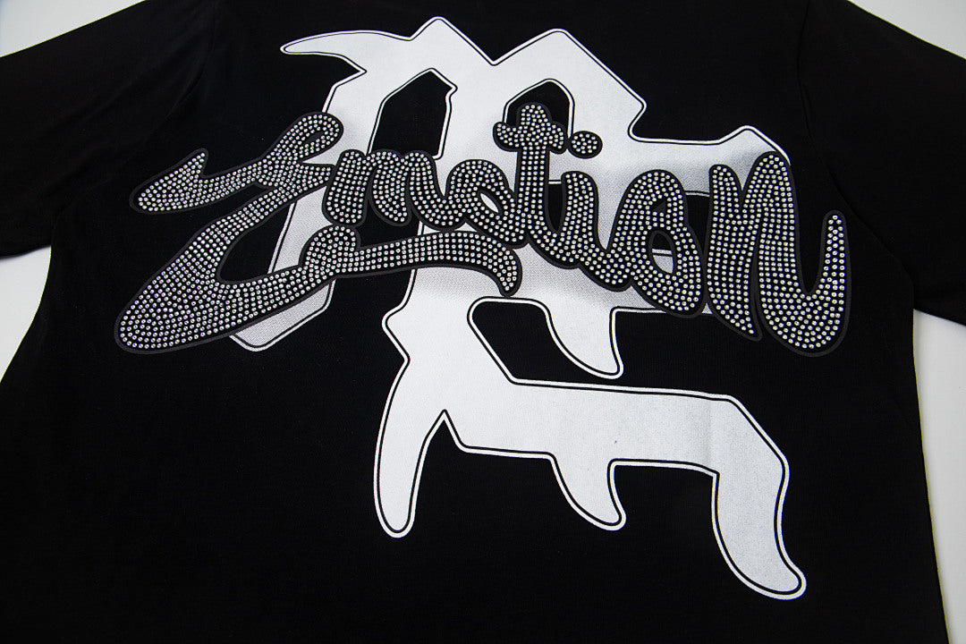 Black Vintage Rhinestone Letter Angel Graphic Oversized Crew‑Neck Street T‑Shirt