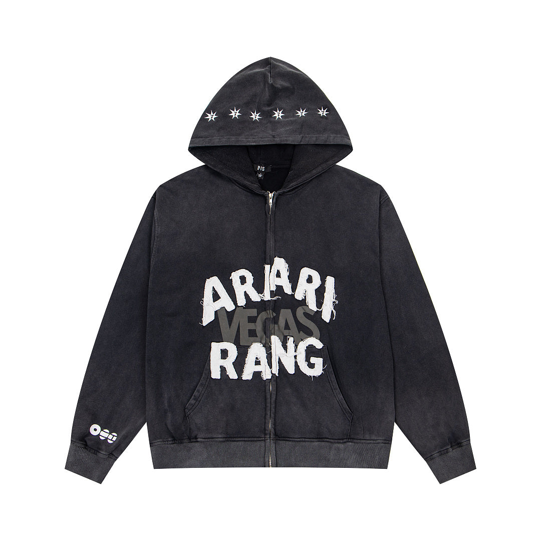 Vintage Black ARARI RANG Letter Print Full‑Zip Hoodie