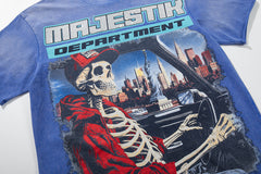 Blue Washed Vintage Skeleton City Tour Graphic Band‑Style T‑Shirt