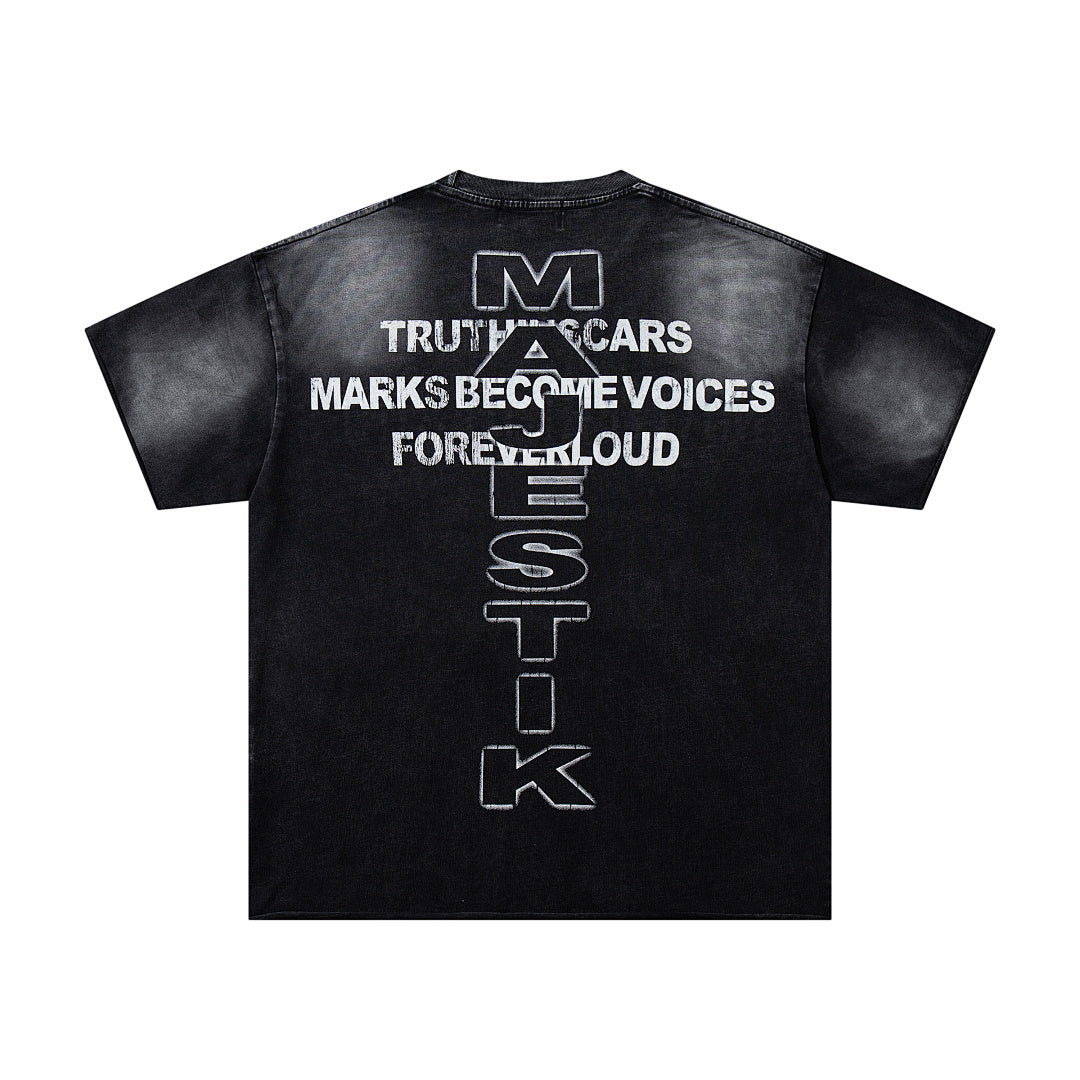 Black Washed Vintage Text Collage Double‑Sided Graphic Band‑Style T‑Shirt