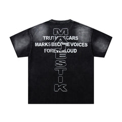Black Washed Vintage Text Collage Double‑Sided Graphic Band‑Style T‑Shirt