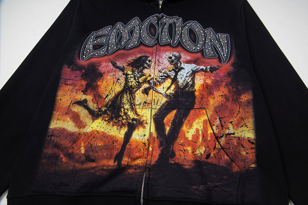 Black Vintage Rock Graphic Zip‑Up Oversized Hoodie Gothic Streetwear Sweatshirt