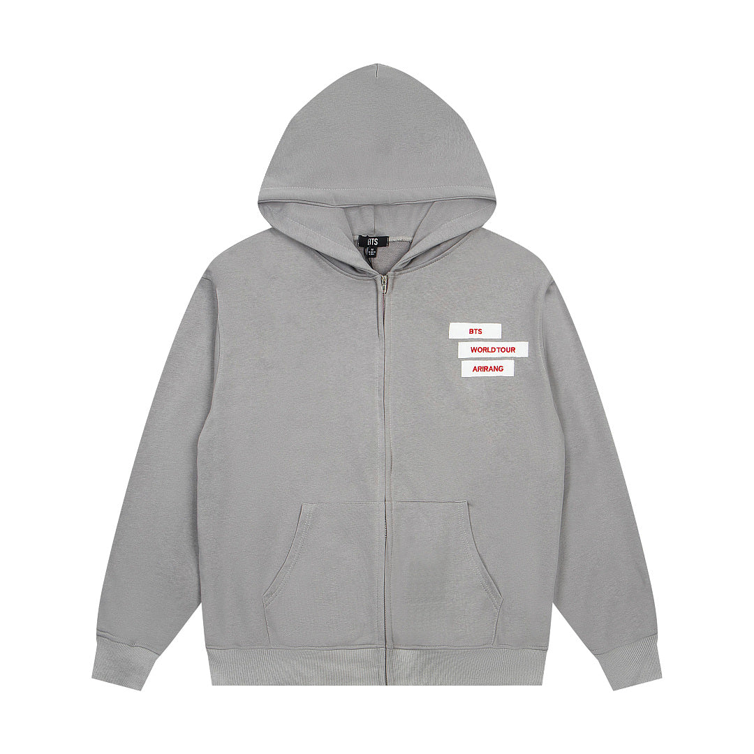 Vintage Light Grey Diagonal Stacked Letter Print Full‑Zip Hoodie