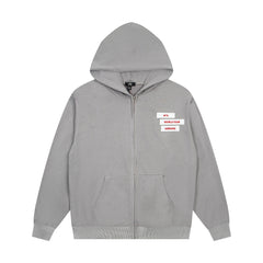 Vintage Light Grey Diagonal Stacked Letter Print Full‑Zip Hoodie