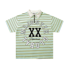 Vintage Green Stripe XX Studded Half‑Zip Polo Shirt